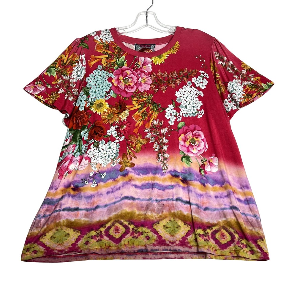 Johnny Was Golden Rose Flutter Sleeve Tee Pink Womens Large